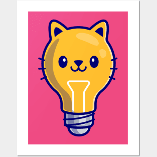 Cute Bulb Cat Cartoon Illustration Posters and Art